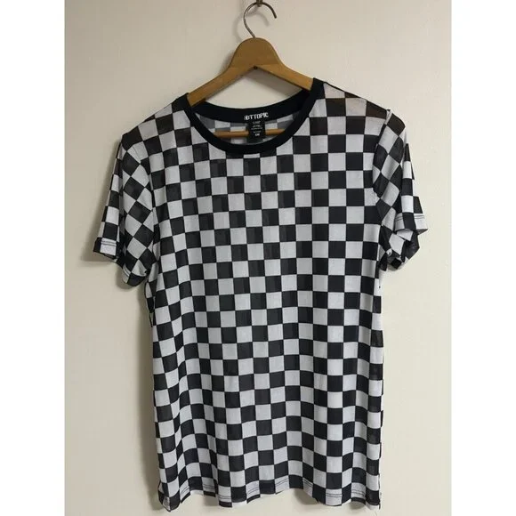 Hot Topic Black & White Checkered Women’s Mesh Top S/M - Picture 4 of 10